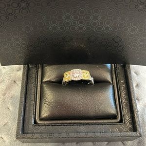 LaFonn Three Stone (Two Canary) Halo Ring,Sz 7